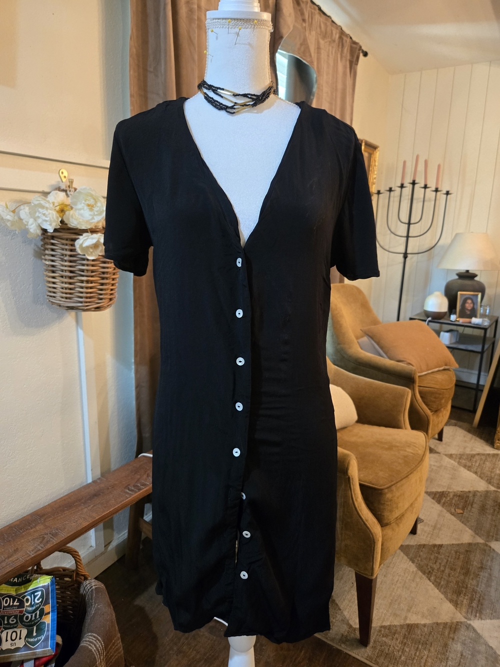 RVCA Black Button-Front Midi Dress